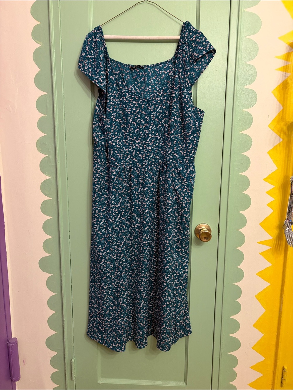 BloomChic Teal Floral Midi Dress with Square Neck